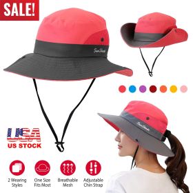 Women Summer Sun Bucket Hats Foldable UV Protection Cotton Cap Wide Brim Floppy Cap Packable Ponytail Mesh Travel Hat For Beach Fishing Camping Travel (Option: Pink)