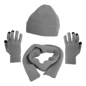 Winter Knitted Hat Scarf Gloves 3Pcs Winter Warm Beanie and Touch Screen Gloves Long Neck Scarf Set Knit Beanie Skull Cap Neck Warmer Anti-Slip Mitten (Option: Grey)