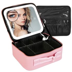 Travel Makeup Bag with LED Mirror Makeup Case Organizer with 3 Light Colors Adjustable Dividers Brush Holder Magnifying Mirror Dimmable USB Rechargeab (Option: S_Pink)